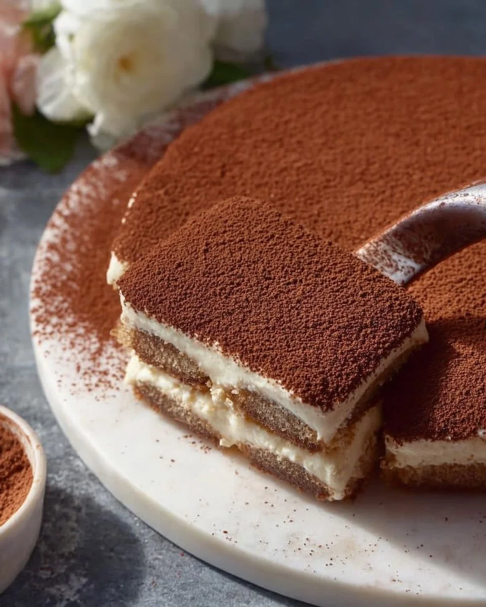 Slice of authentic Italian Tiramisu dessert topped with cocoa powder