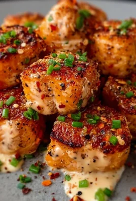 Delicious Bang Bang Salmon Bites with spicy sauce garnished on a plate.