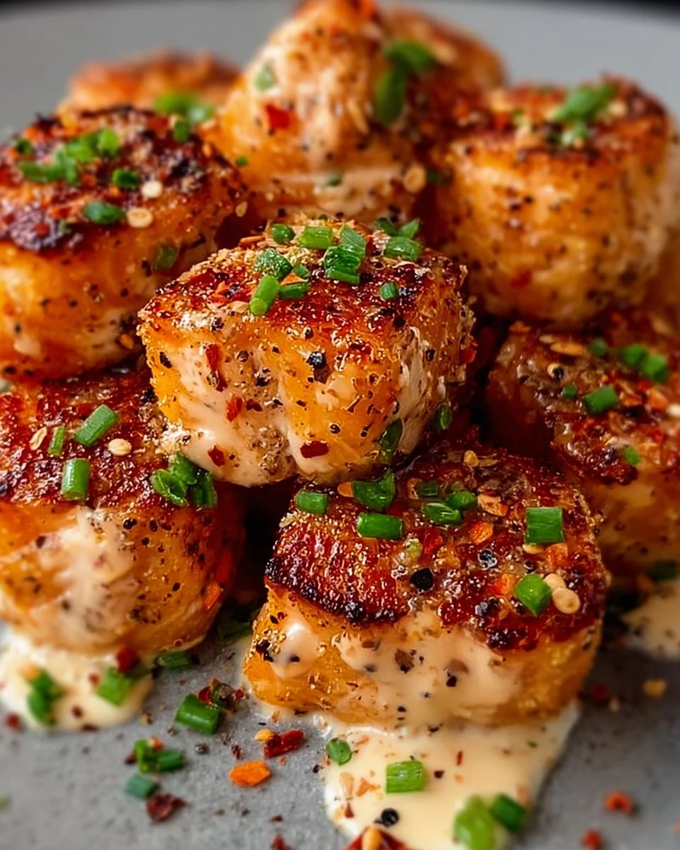 Delicious Bang Bang Salmon Bites with spicy sauce garnished on a plate.