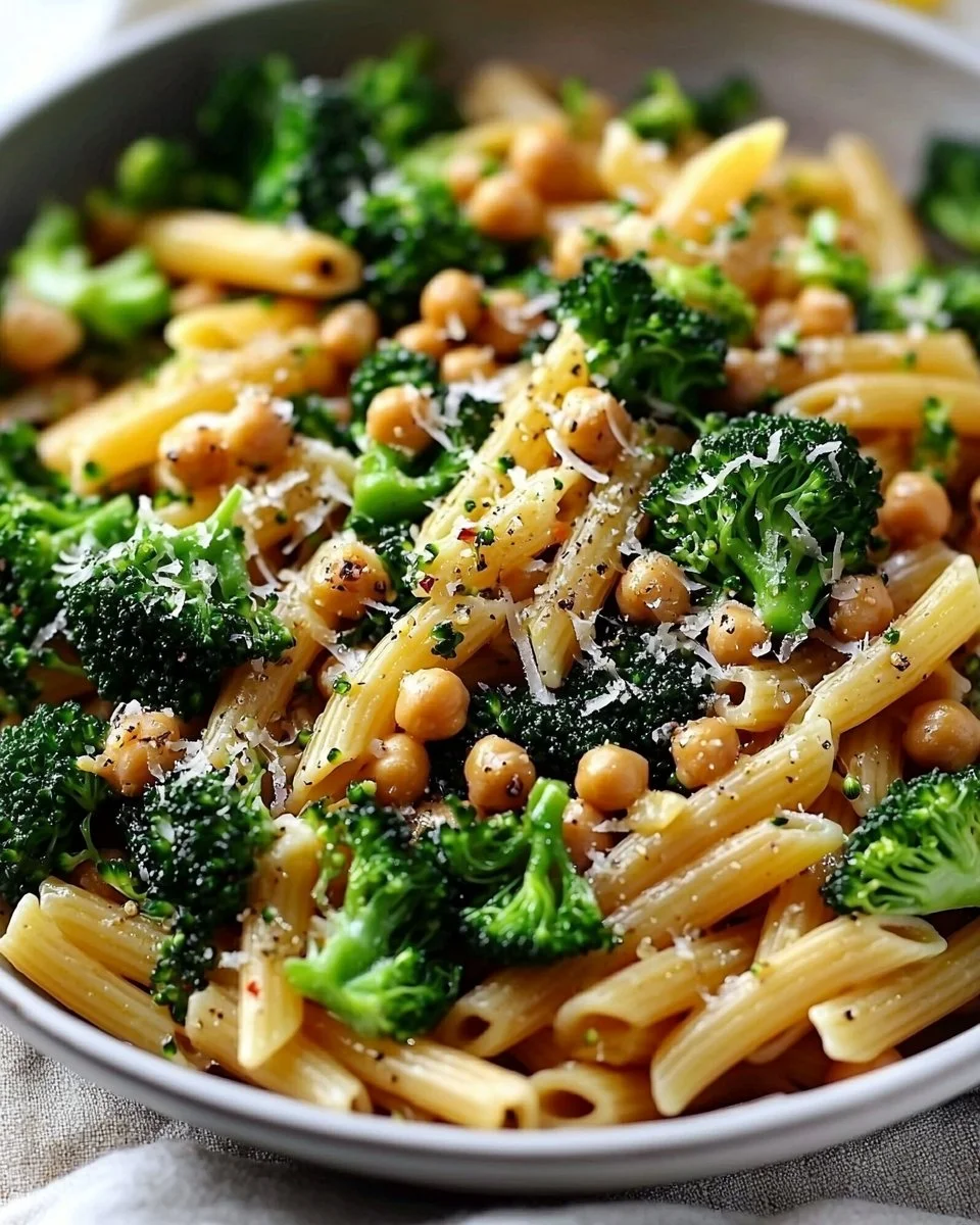 Plate of Broccoli Chickpea Pasta drizzled with Garlic Olive Oil
