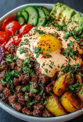 A colorful burger bowl with fresh vegetables, grilled beef, and toppings.