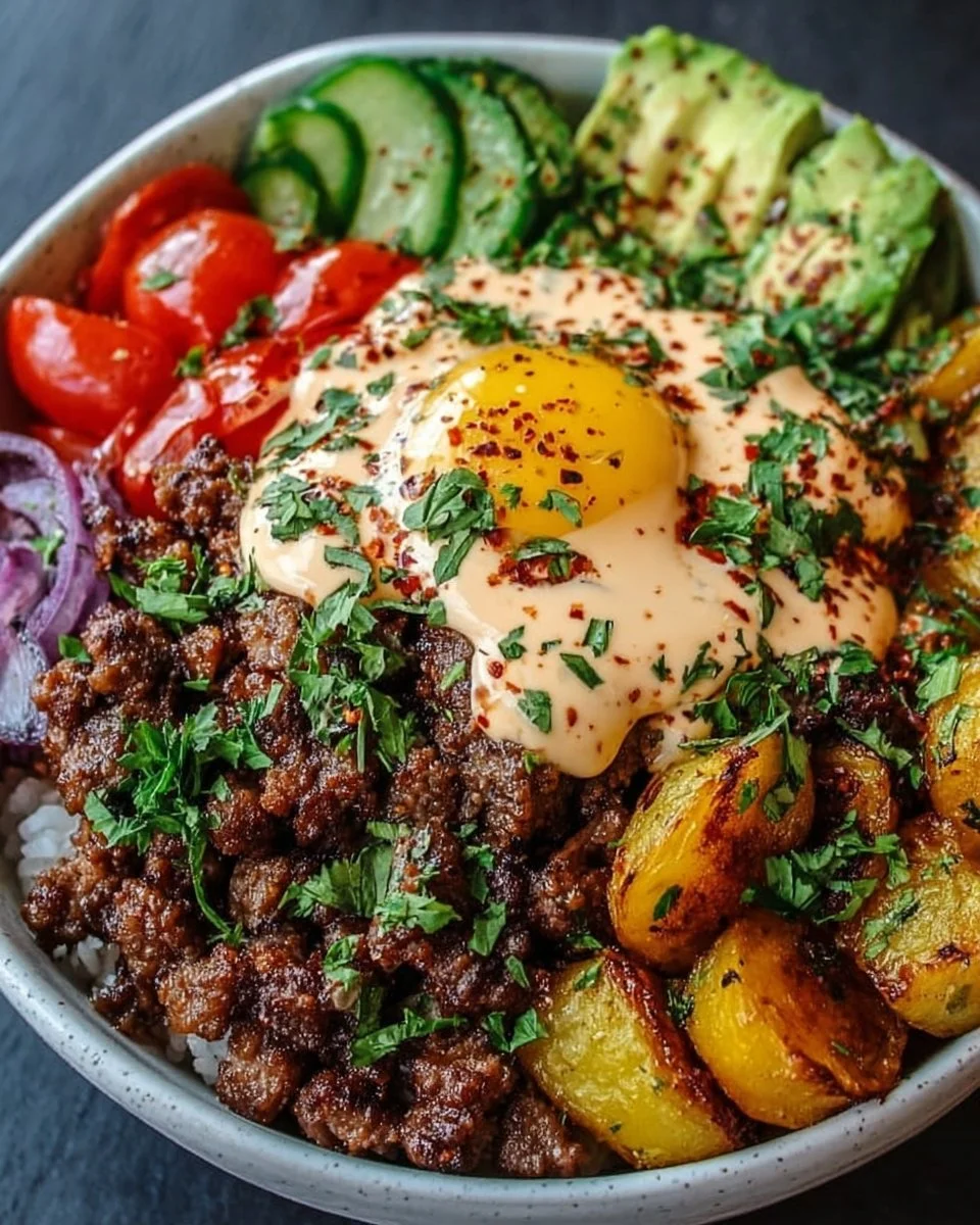 A colorful burger bowl with fresh vegetables, grilled beef, and toppings.