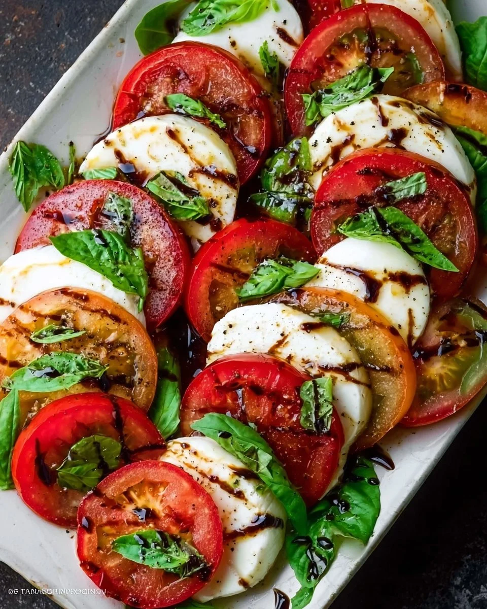 Fresh Caprese Salad with tomatoes, mozzarella, and basil drizzled with balsamic glaze