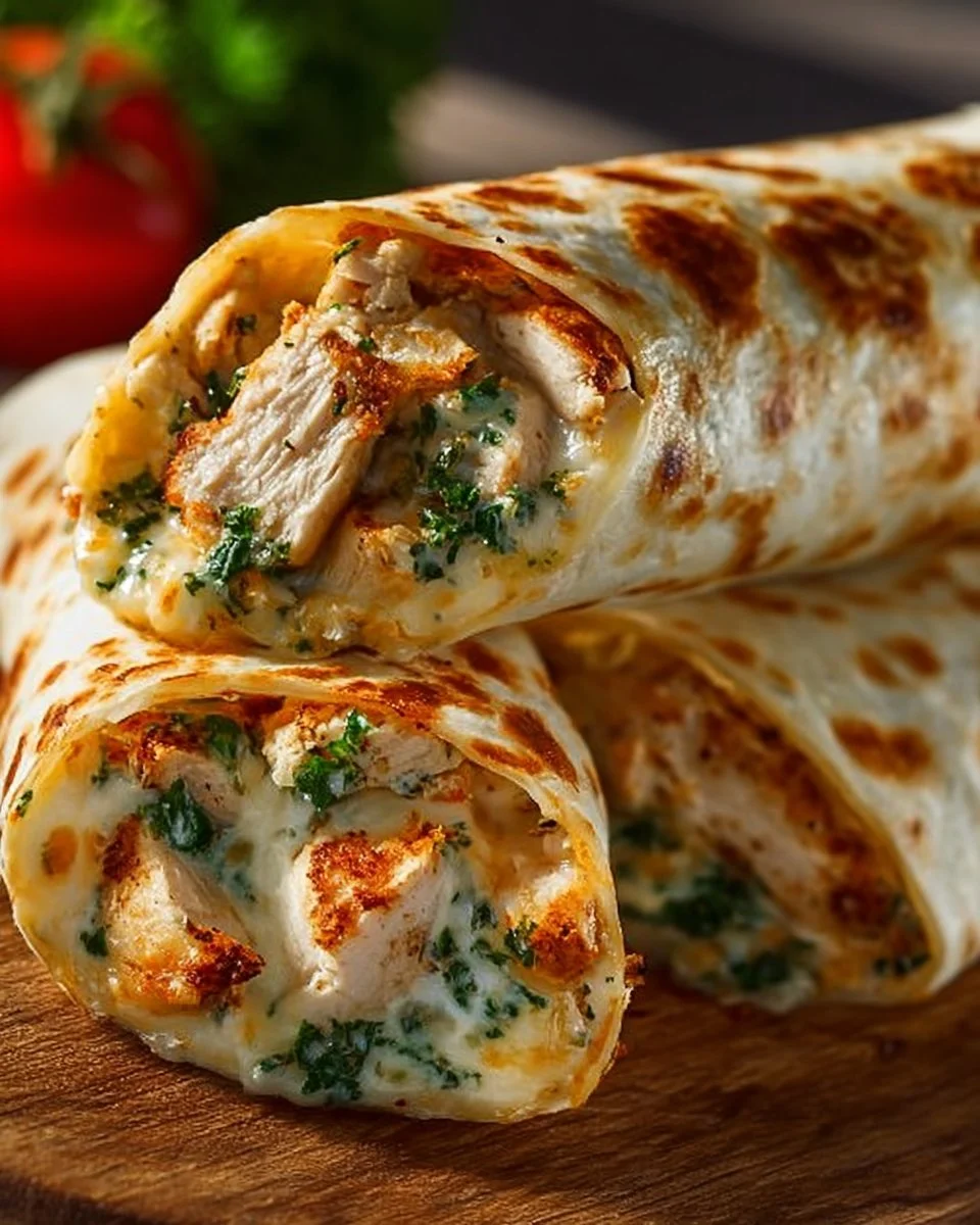 Cheesy Garlic Chicken Wraps served on a plate with fresh vegetables