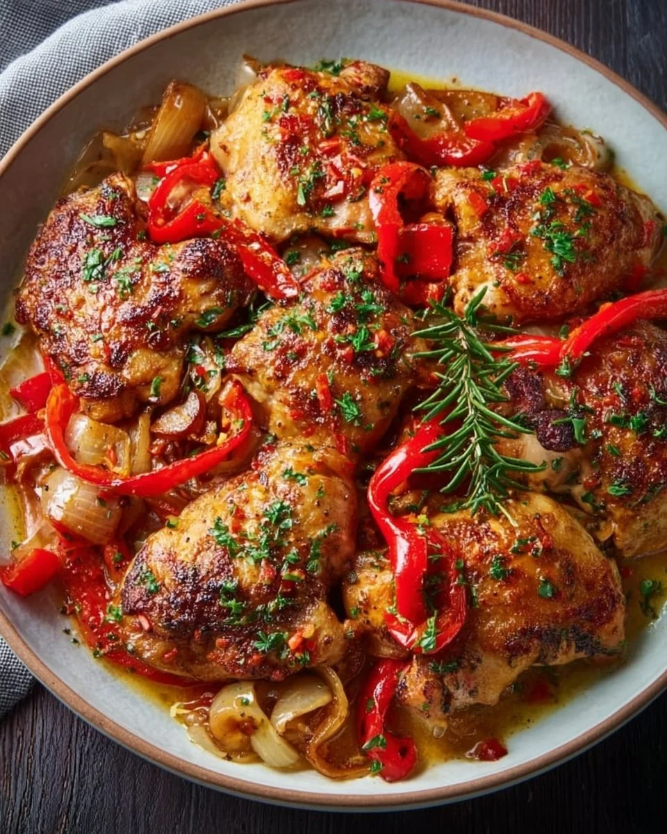 Delicious Chicken Scarpariello served with peppers and herbs.