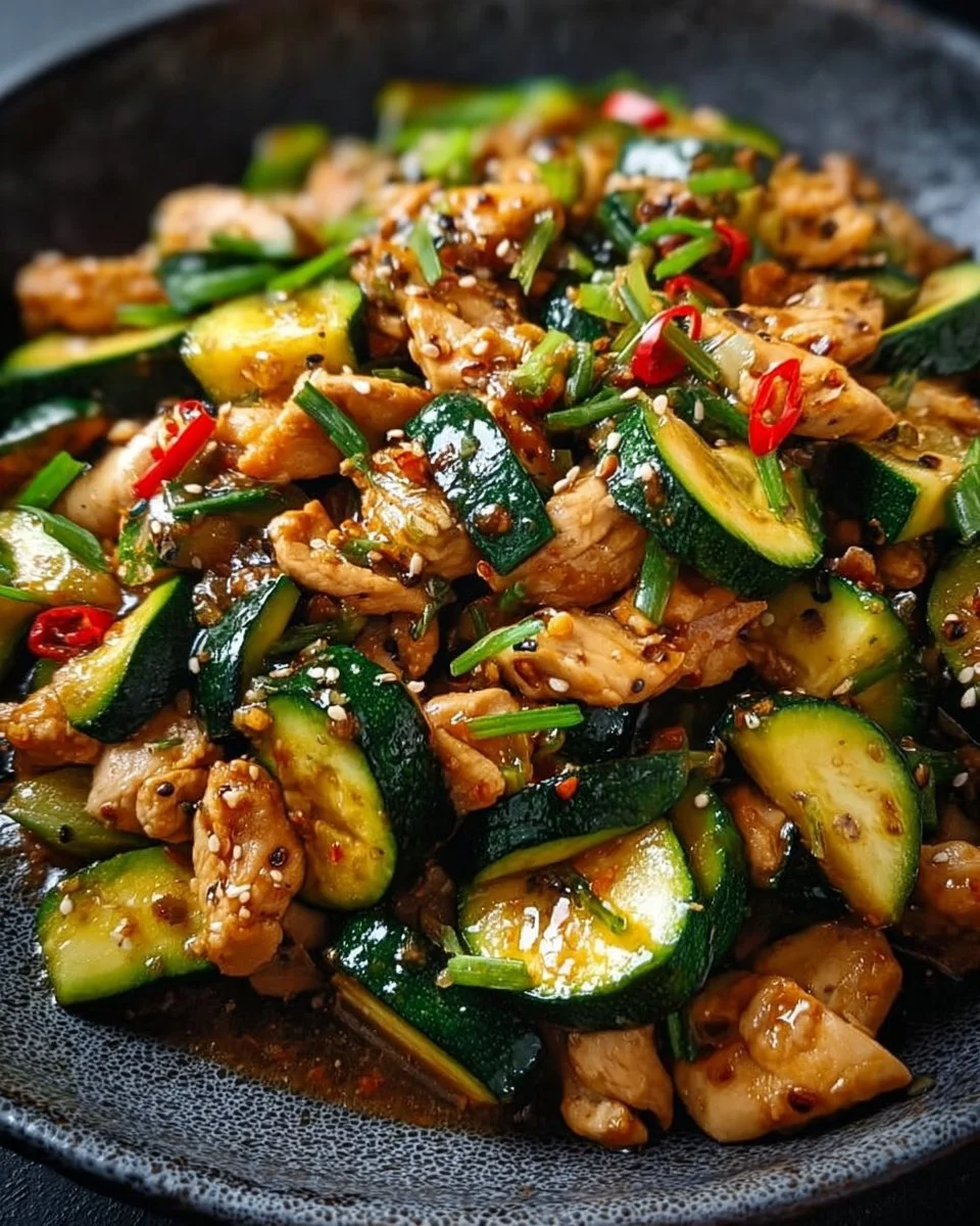 Healthy Chicken Zucchini Stir Fry with colorful vegetables in a skillet