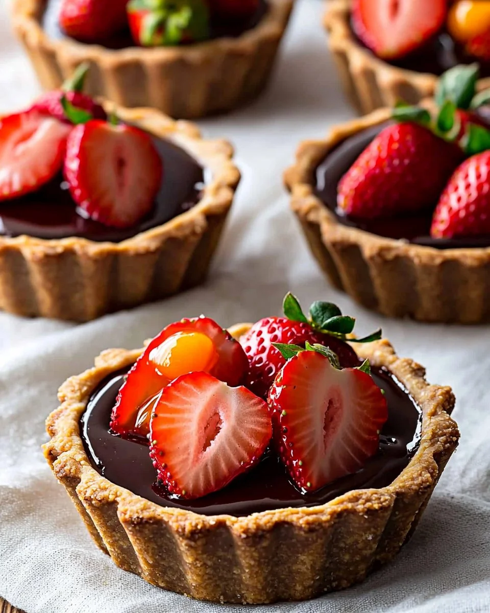 Delicious chocolate strawberry tarts topped with fresh strawberries