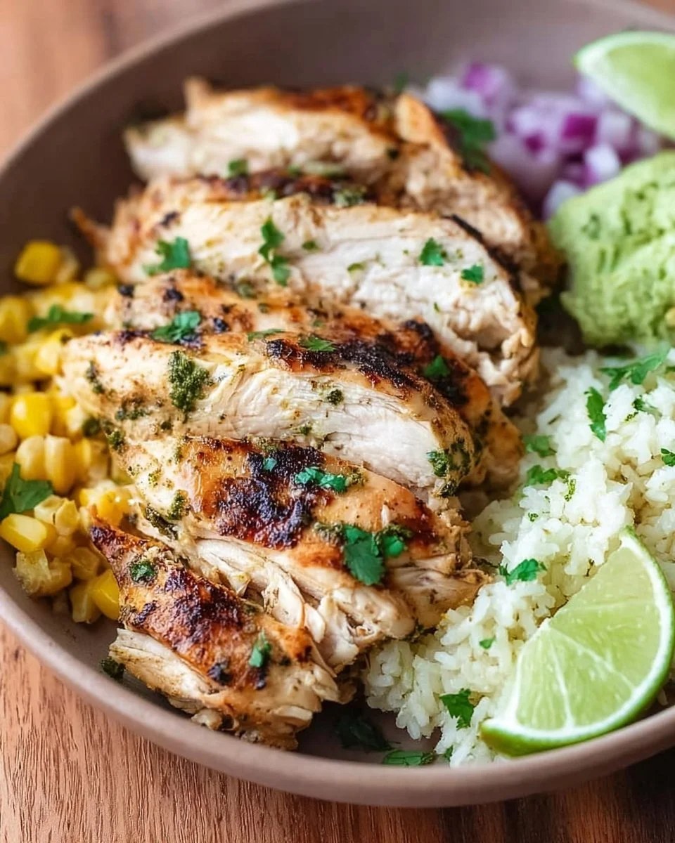 Plate of Cilantro Lime Chicken garnished with fresh cilantro and lime slices.