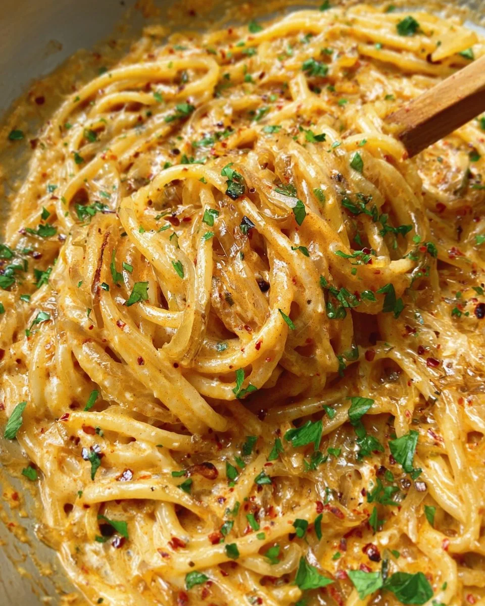A plate of creamy caramelized onion pasta topped with fresh herbs.