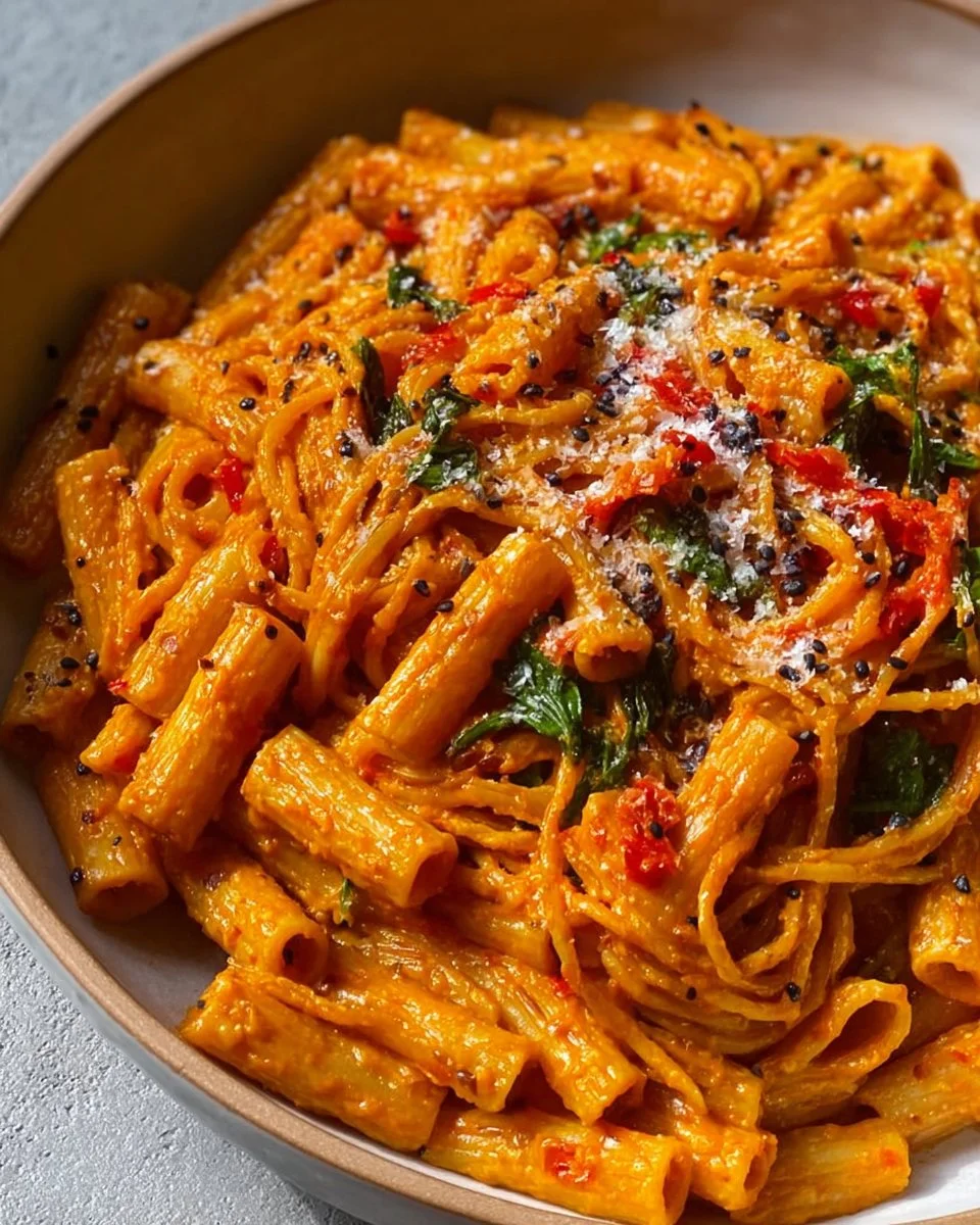 Creamy chili oil pasta garnished with herbs and spices.