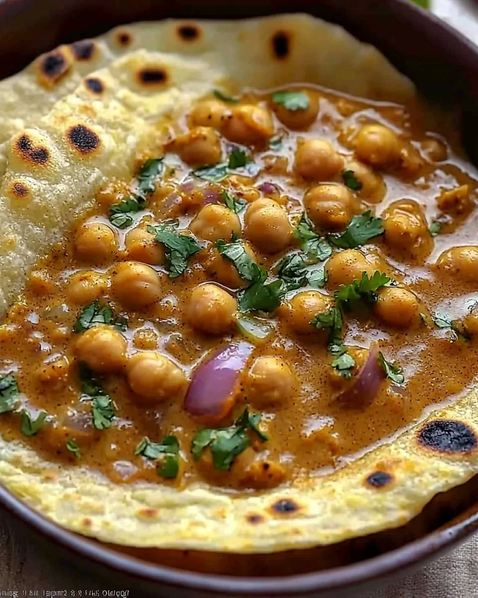 Delicious Coconut Chickpea Curry served in a bowl with a sprig of cilantro