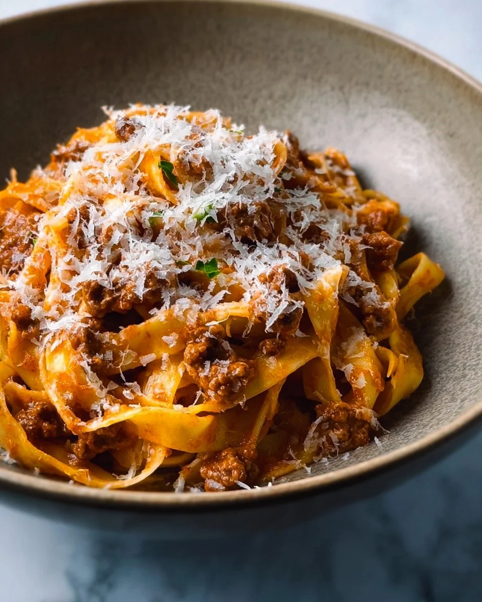 Creamy Fettuccine Bolognese topped with fresh herbs and Parmesan cheese