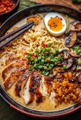 Bowl of creamy garlic chicken ramen topped with green onions and soft boiled egg