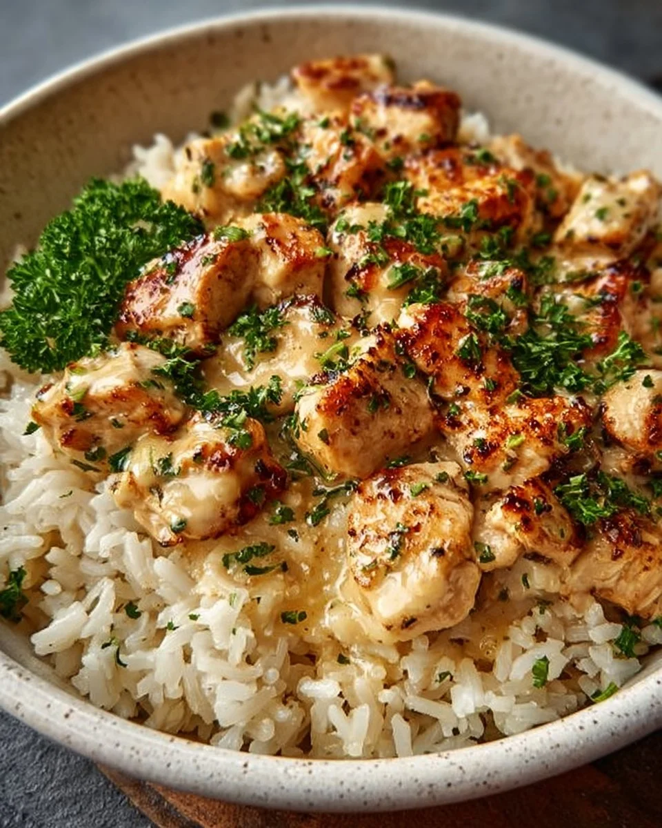 Creamy garlic chicken rice bowls featuring tender chicken and rich sauce.