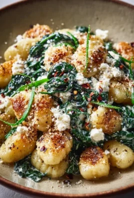 Creamy gnocchi dish with spinach and feta cheese, garnished with herbs.