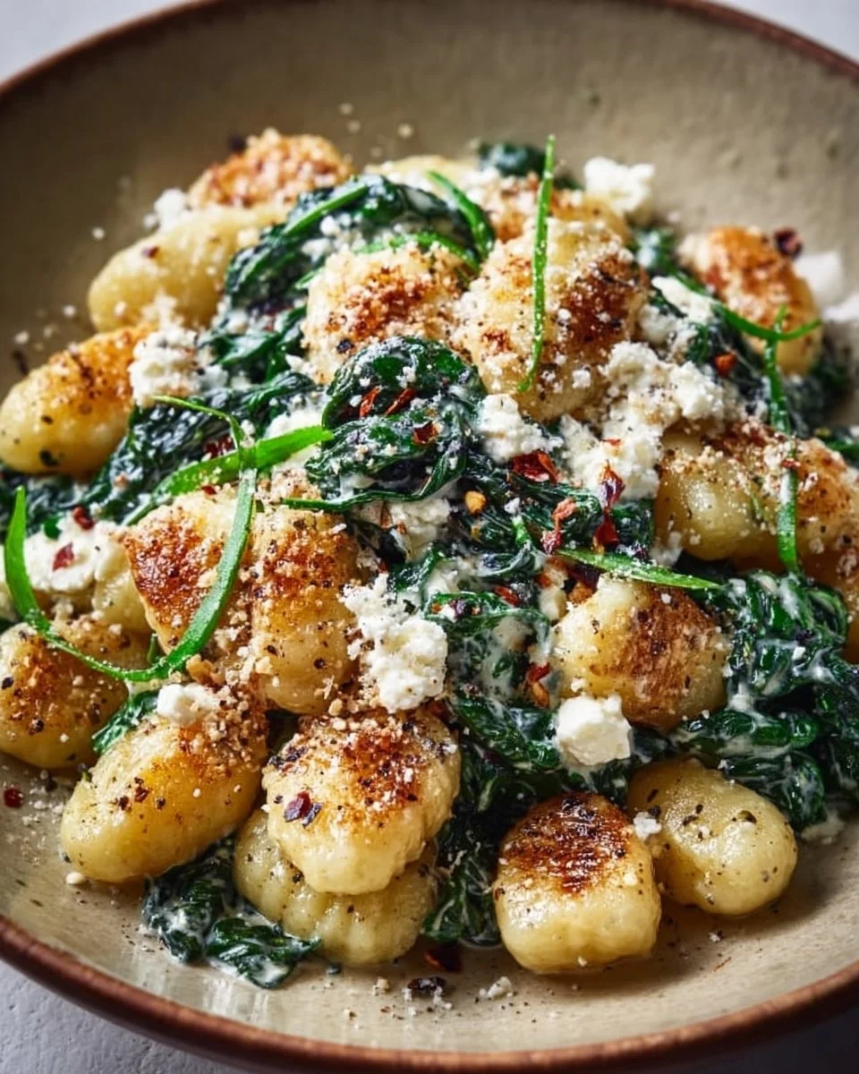 Creamy gnocchi dish with spinach and feta cheese, garnished with herbs.
