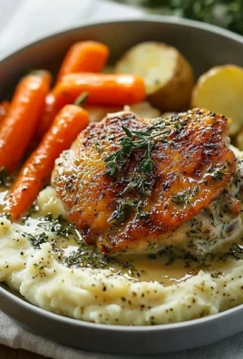 Creamy herb chicken with mashed potatoes and honey glazed carrots served on a plate