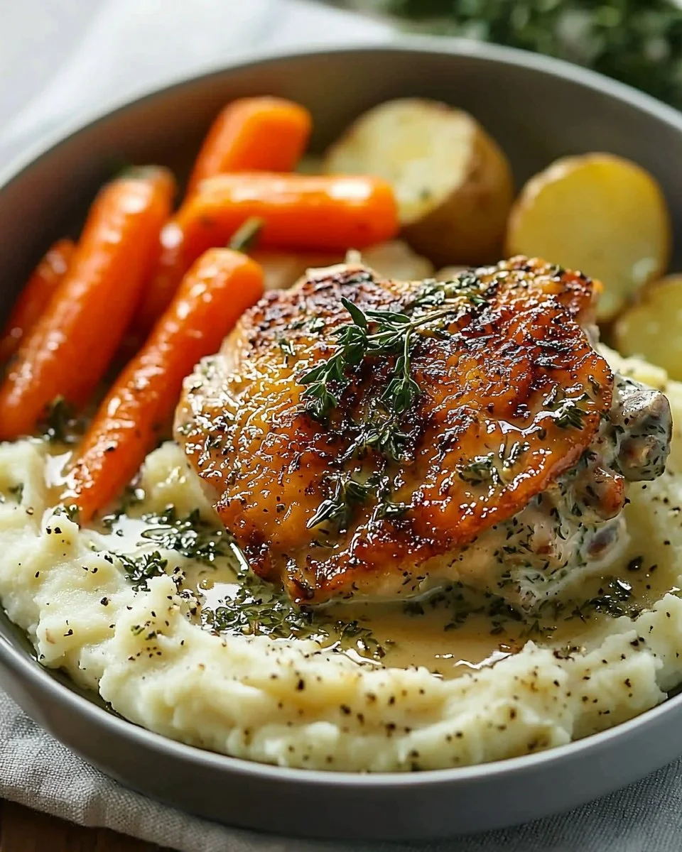 Creamy Herb Chicken with Mashed Potatoes and Honey Glazed Carrots