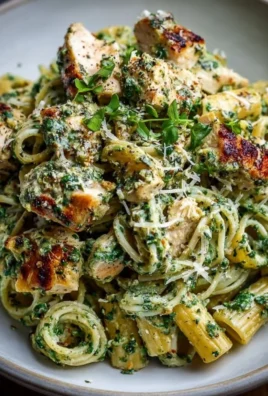 Creamy pesto chicken pasta with vibrant colors and fresh ingredients.
