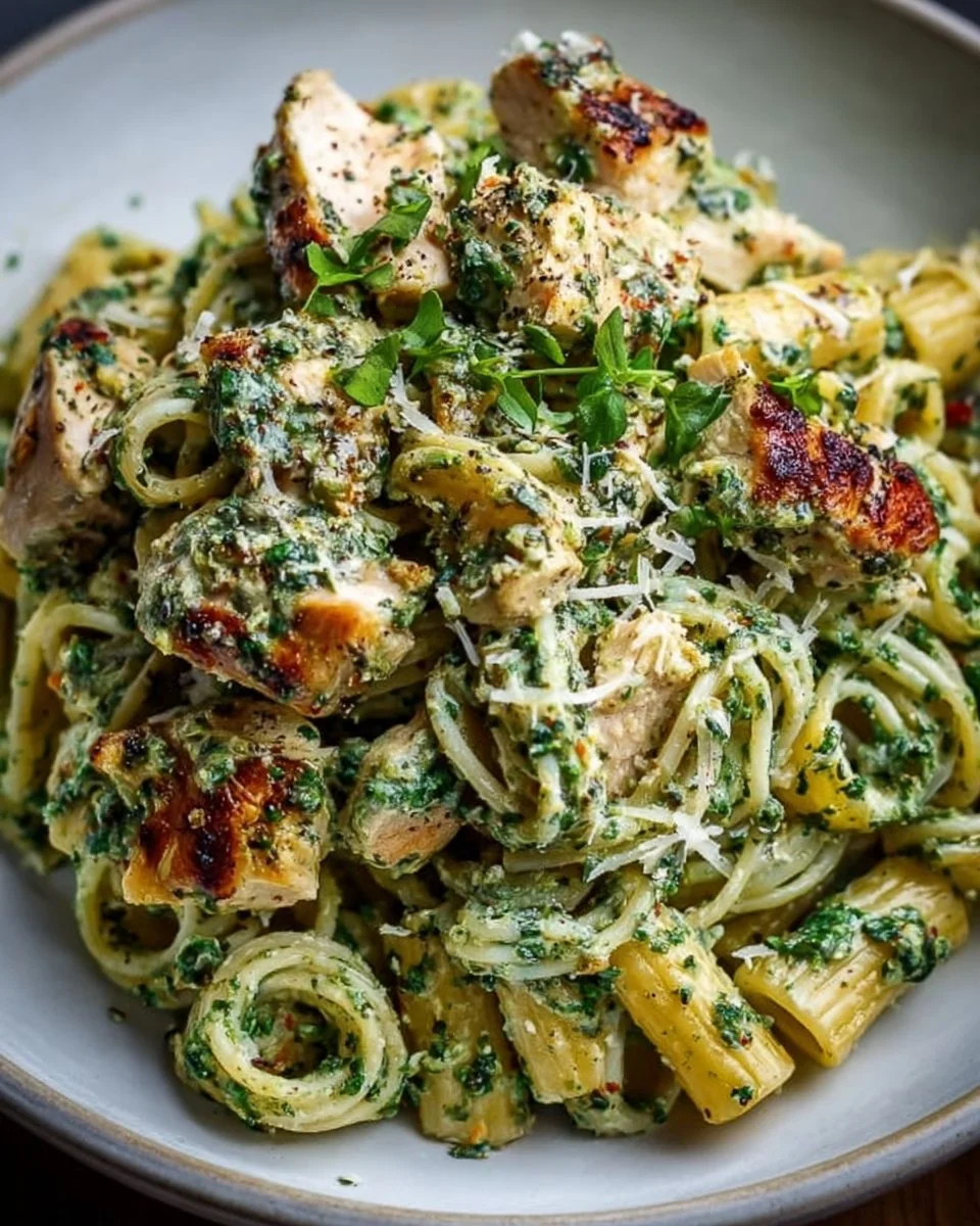 Creamy pesto chicken pasta with vibrant colors and fresh ingredients.