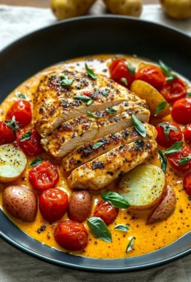 Creamy tomato chicken breast dish garnished with fresh herbs.