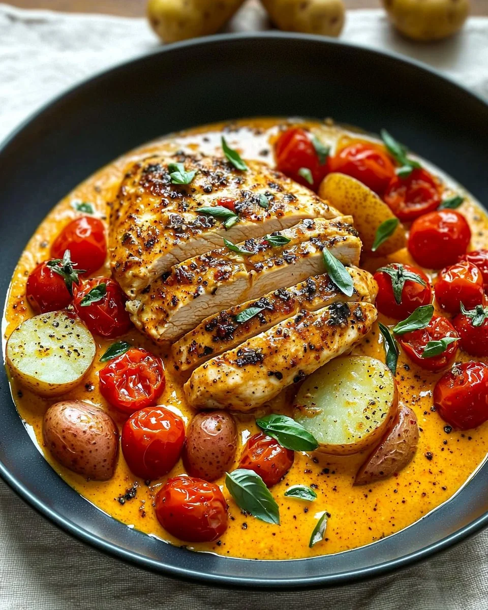 Creamy tomato chicken breast dish garnished with fresh herbs.