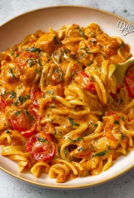 Creamy tomato chicken pasta dish garnished with fresh basil and parmesan cheese