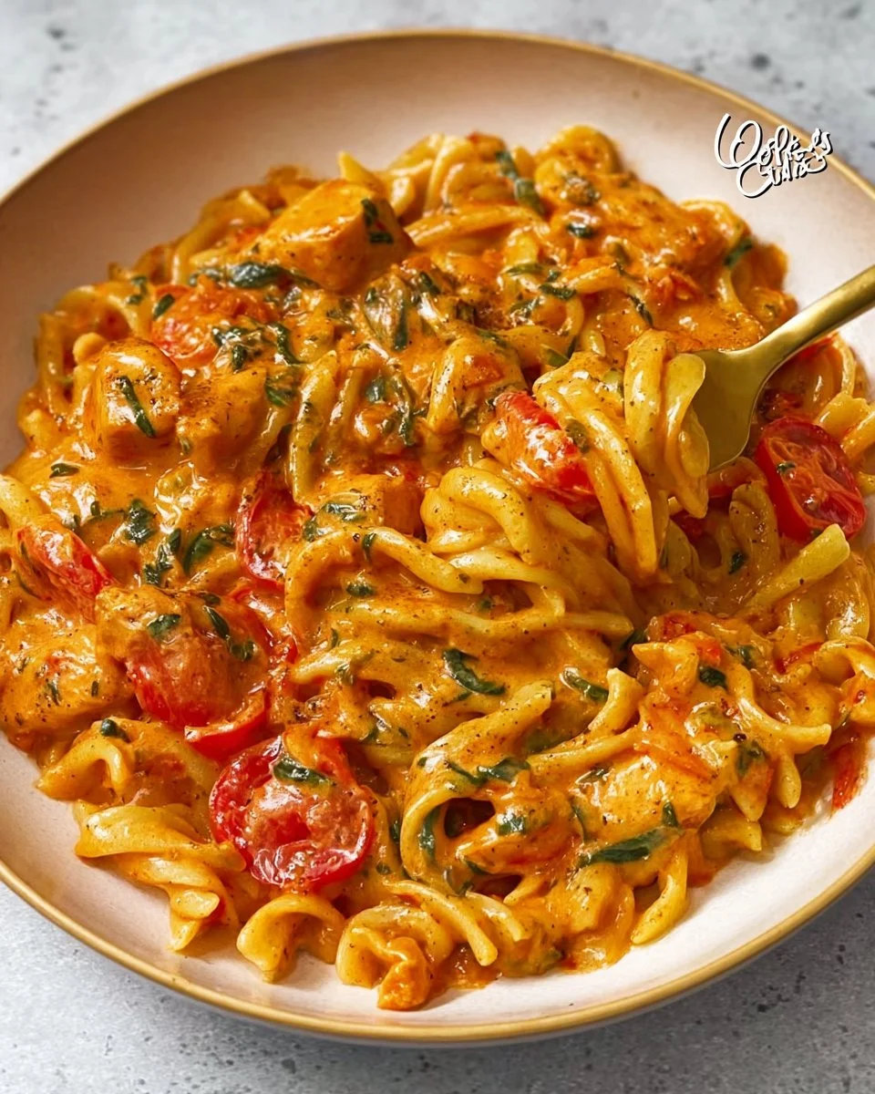 Creamy tomato chicken pasta dish garnished with fresh basil and parmesan cheese