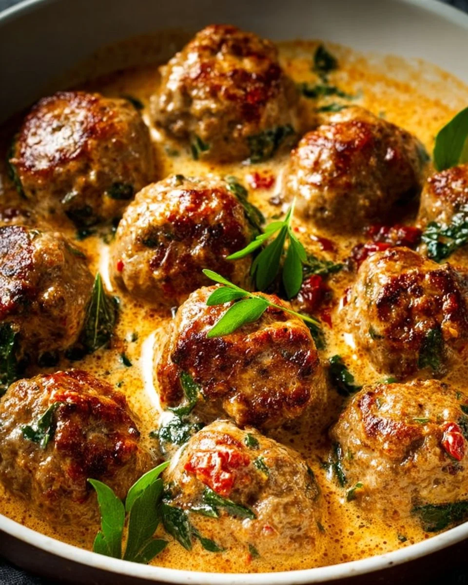 Creamy Tuscan low carb meatballs plated garnished with herbs