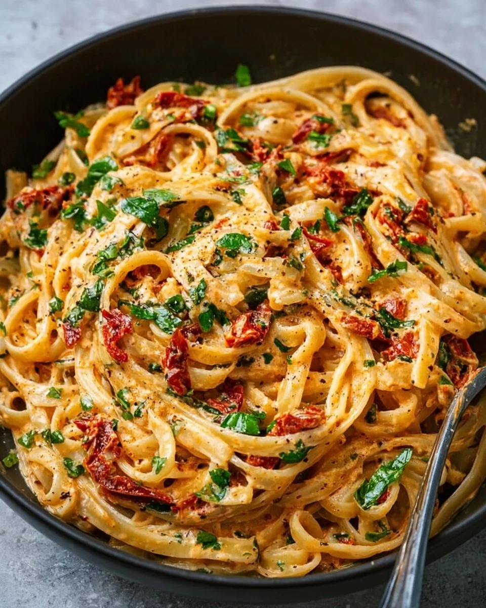 Creamy vegan sun-dried tomato pasta served in a bowl with fresh herbs