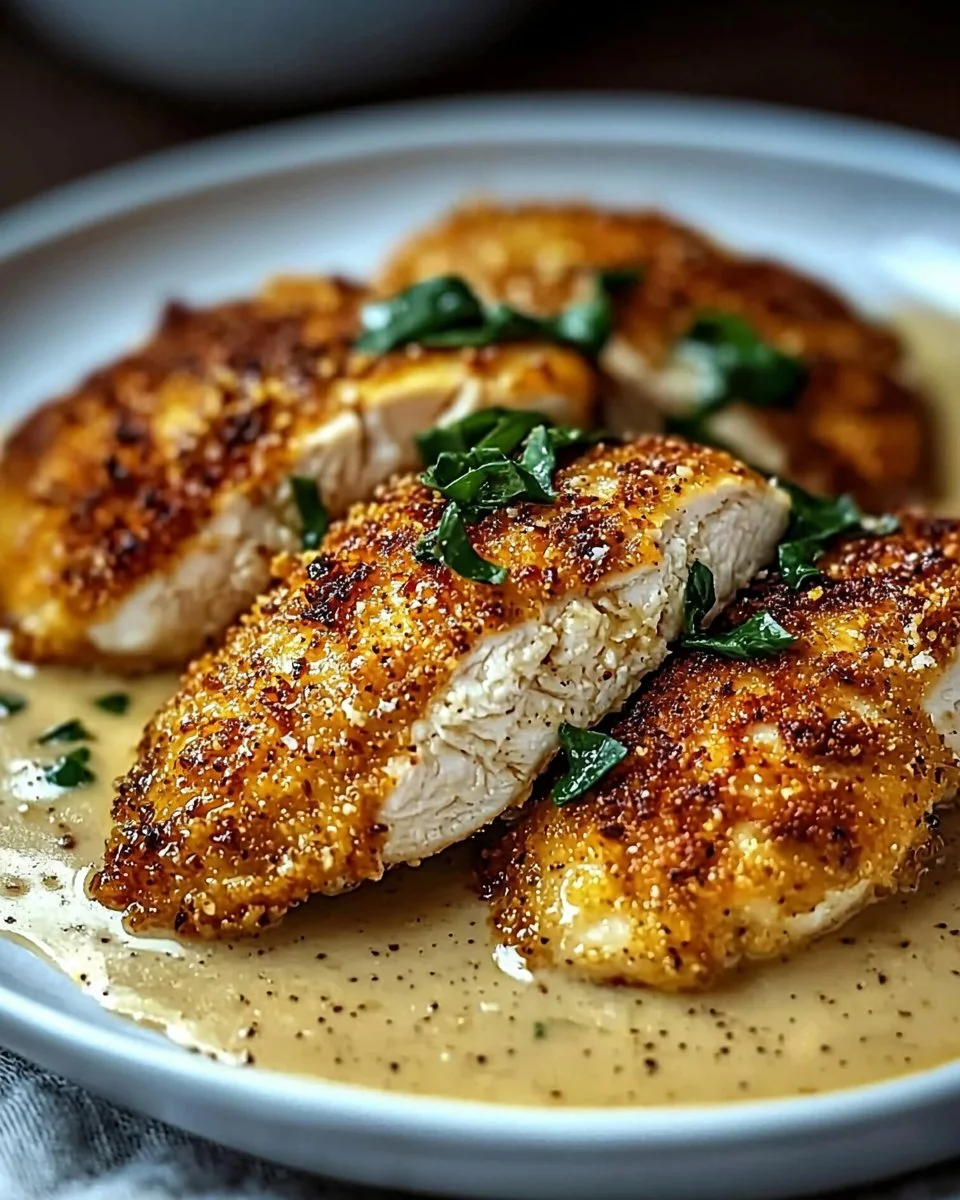 Crispy Parmesan Chicken with a Rich Garlic Sauce - Easy Dinner Idea