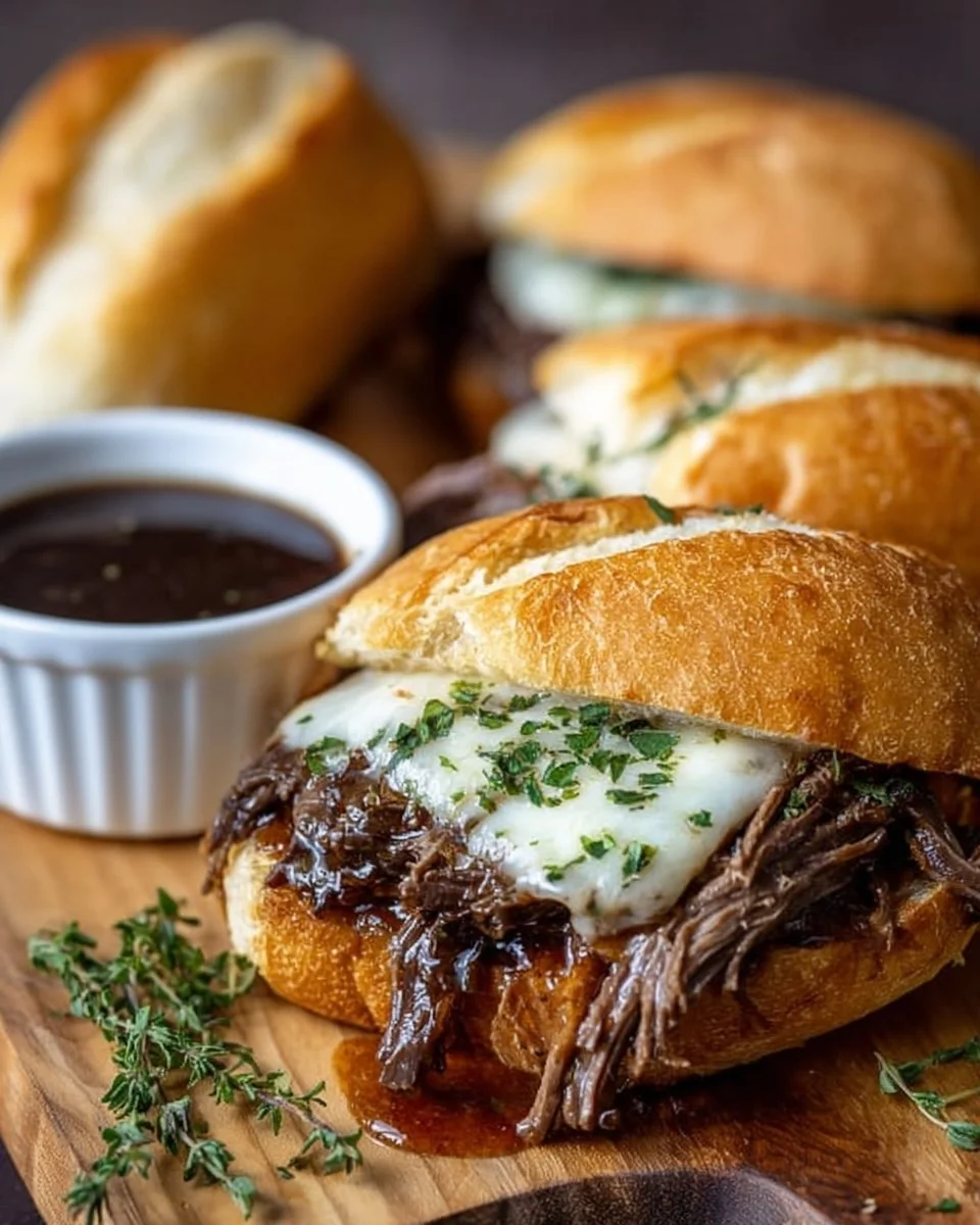 Crockpot French Dip Sandwiches served with au jus for dipping.