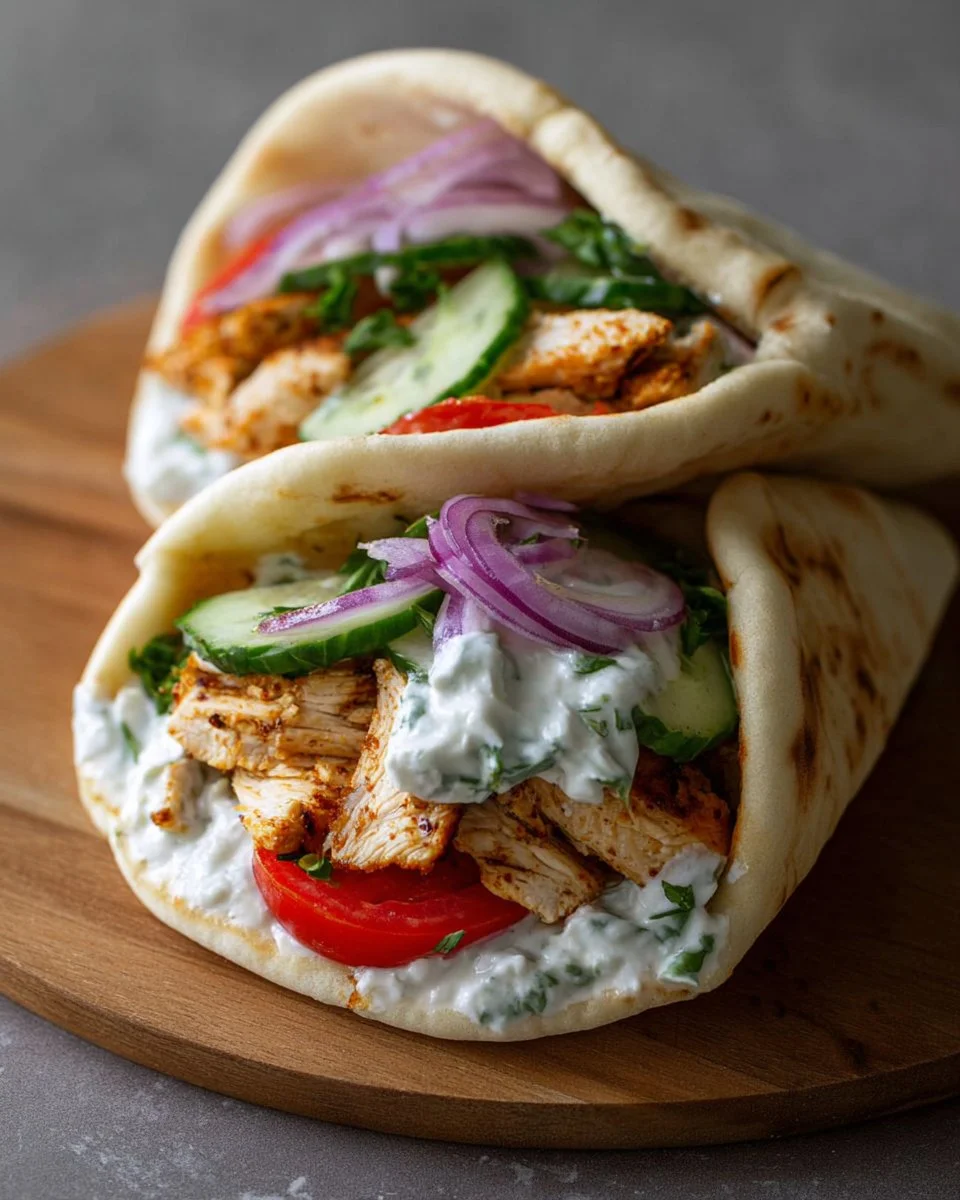 Crockpot Greek Chicken Pitas served with fresh Tzatziki sauce