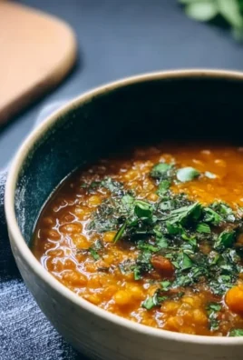 A bowl of Damn Good Vegan Lentil Soup with fresh herbs and spices.