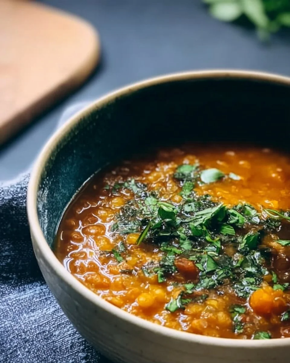 A bowl of Damn Good Vegan Lentil Soup with fresh herbs and spices.