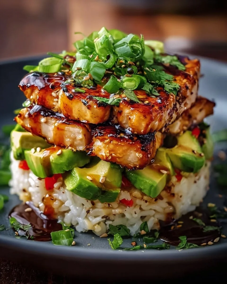 Honey lime chicken served with avocado rice stack on a plate