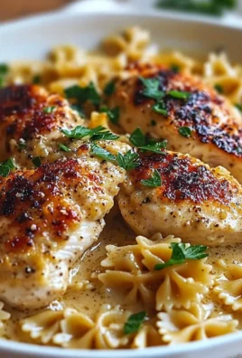 Delicious garlic butter chicken served with bowtie pasta