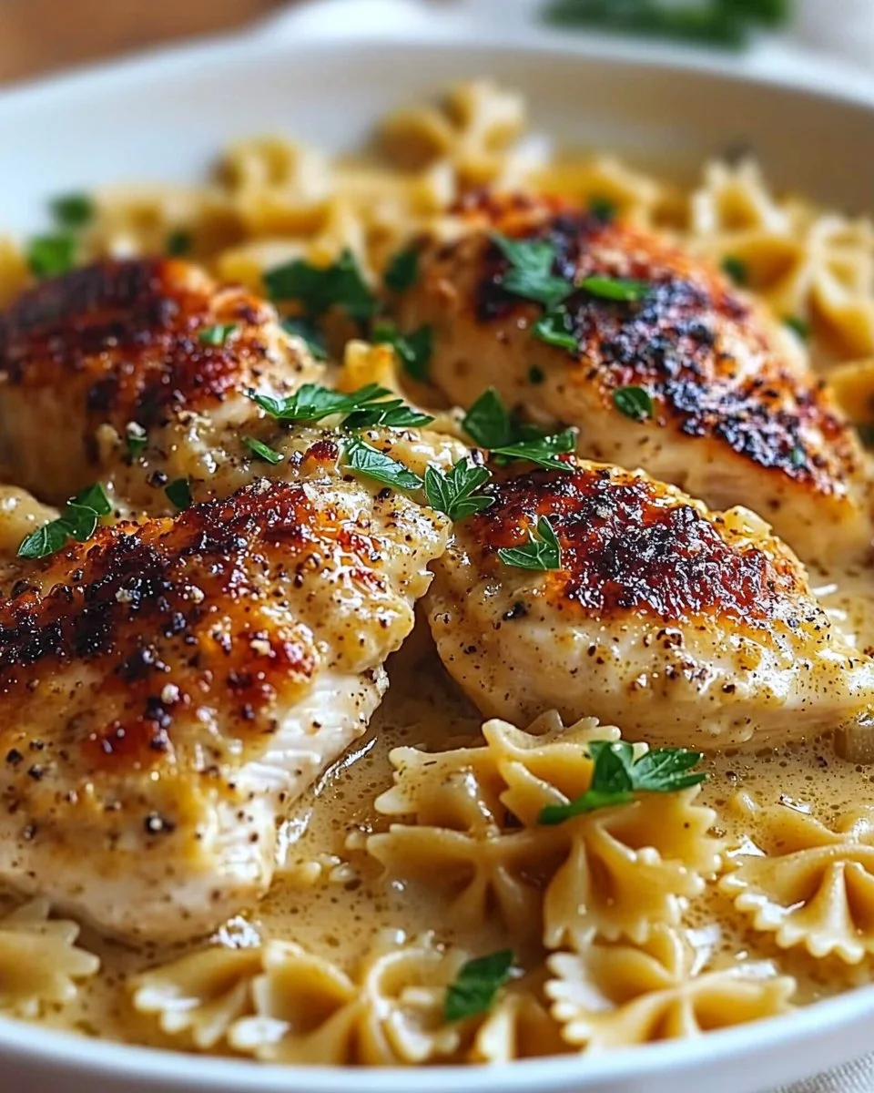 Delicious garlic butter chicken served with bowtie pasta