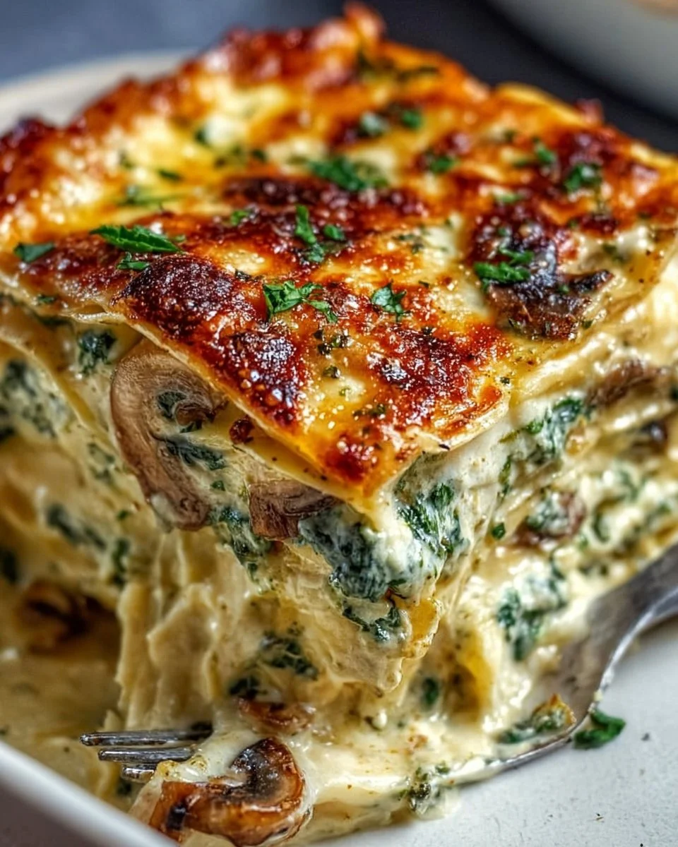 Creamy spinach mushroom lasagna topped with cheese in a baking dish