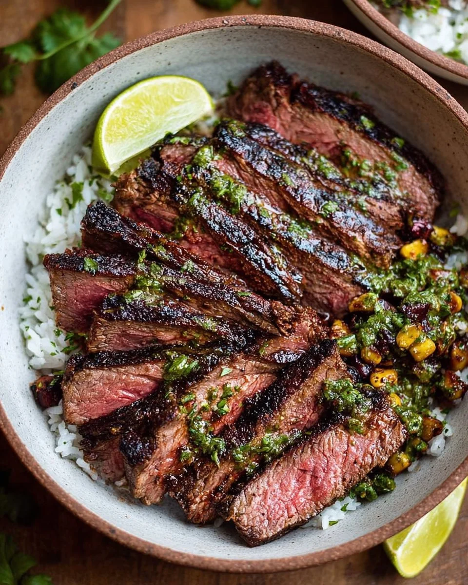 Flank steak bowl with grilled steak, vegetables, and flavorful sauce