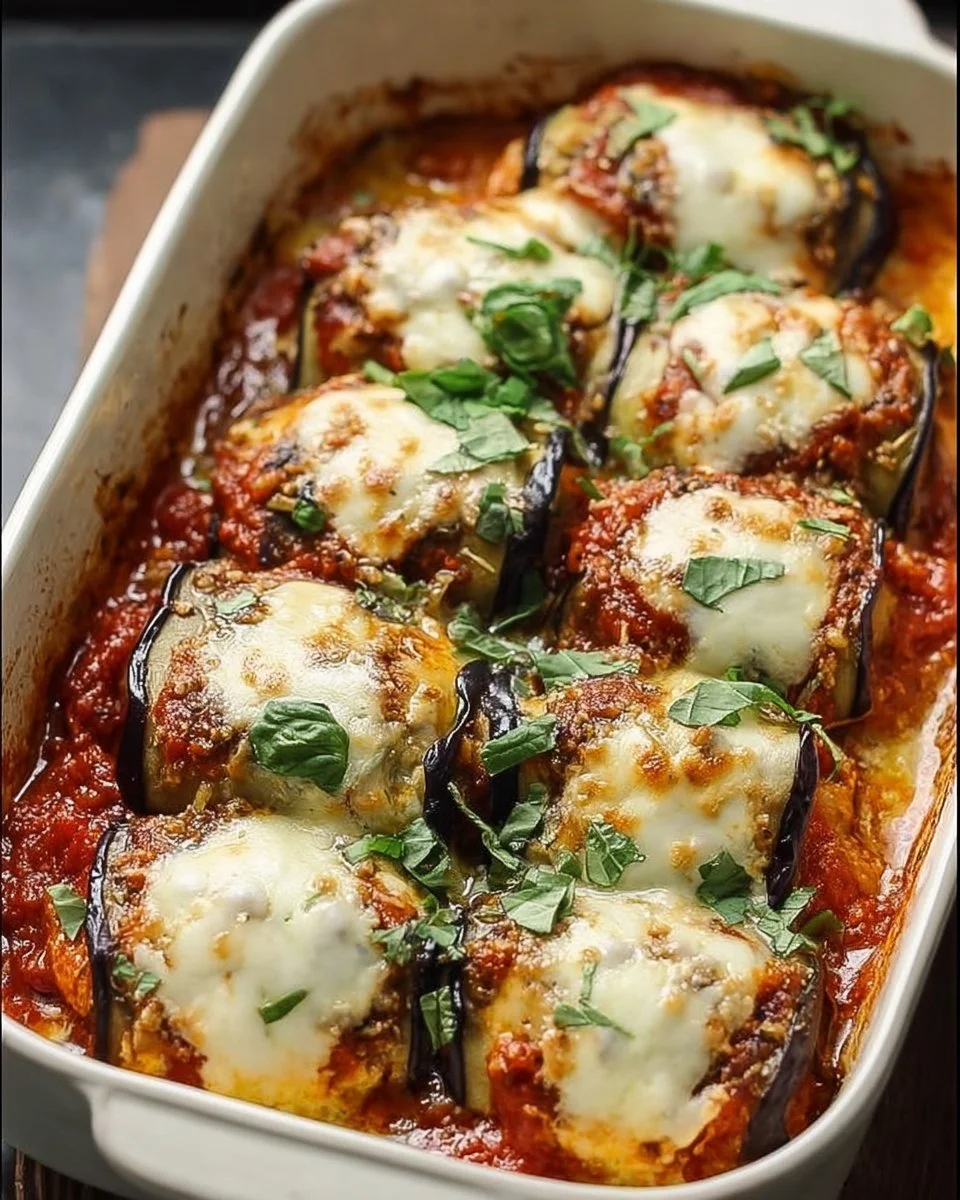 Fluffy Eggplant Rollatini Bake topped with marinara sauce and cheese