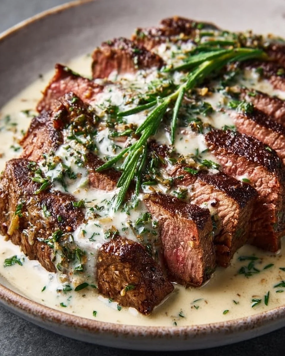 Juicy Garlic Butter Steak topped with rich Parmesan cream sauce
