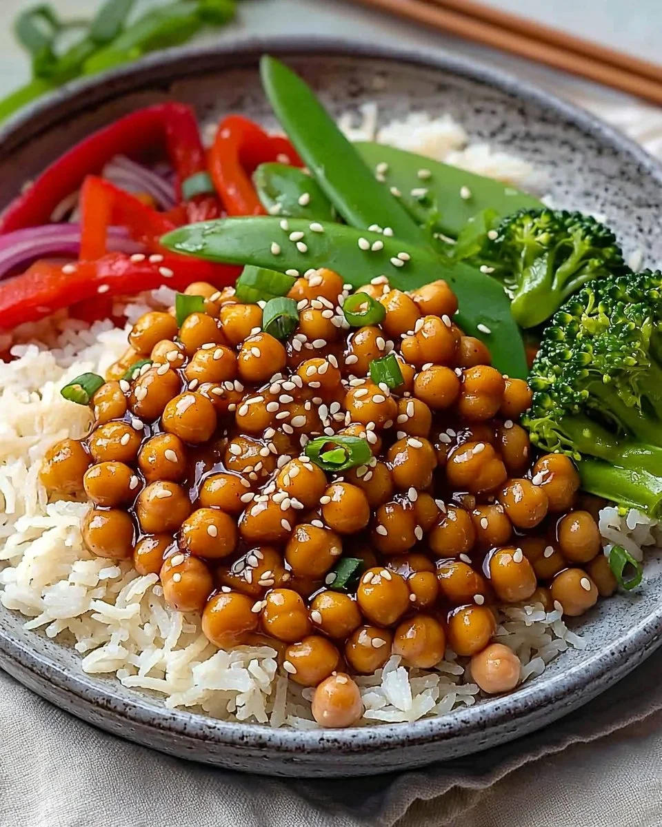 Plate of General Tso's Chickpeas garnished with green onions.
