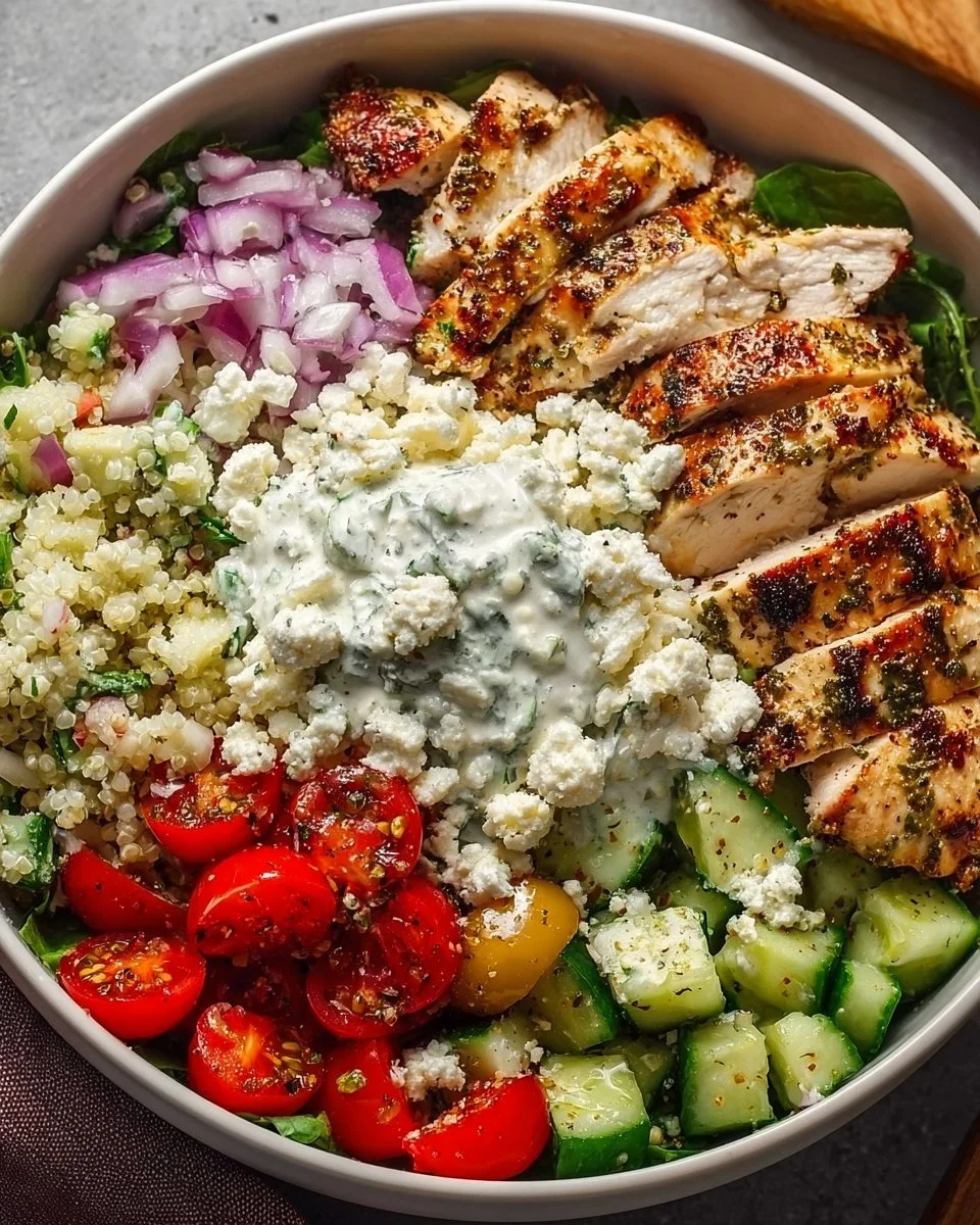 Delicious Greek chicken bowls with fresh ingredients and vibrant toppings