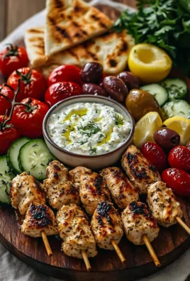 Greek chicken souvlaki grazing board with feta dip and fresh ingredients