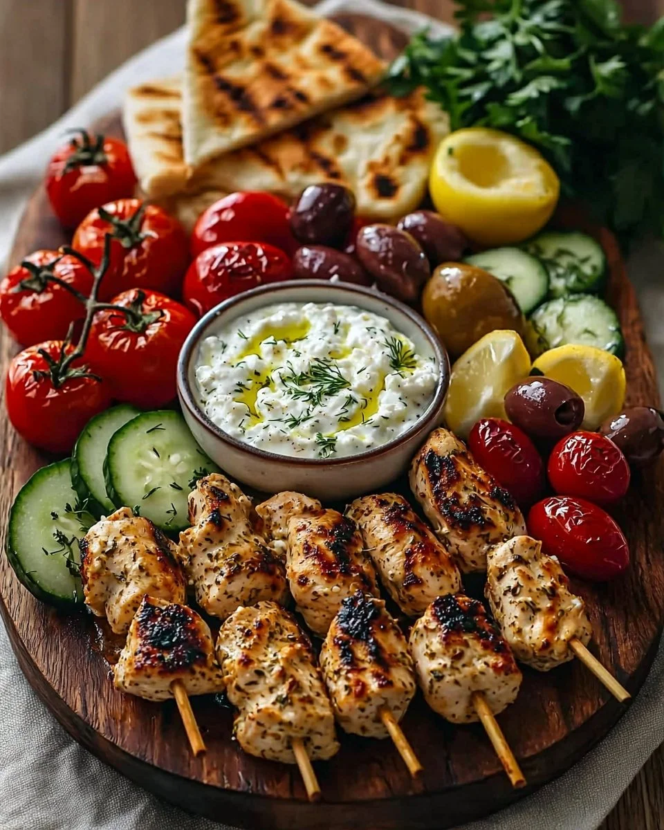 Greek chicken souvlaki grazing board with feta dip and fresh ingredients