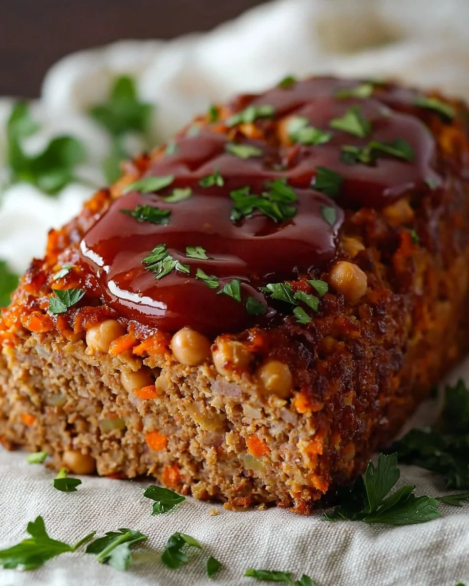 Healthy chickpea meatloaf served on a plate with vegetables
