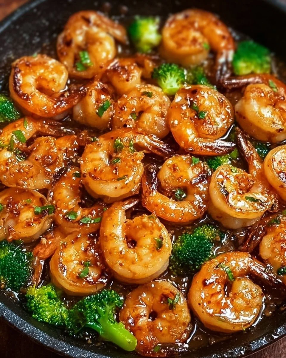 High-protein honey garlic shrimp dish with vibrant vegetables on a plate.