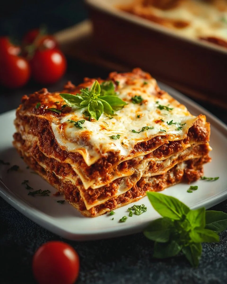 Delicious homemade lasagna layered with cheese and sauce