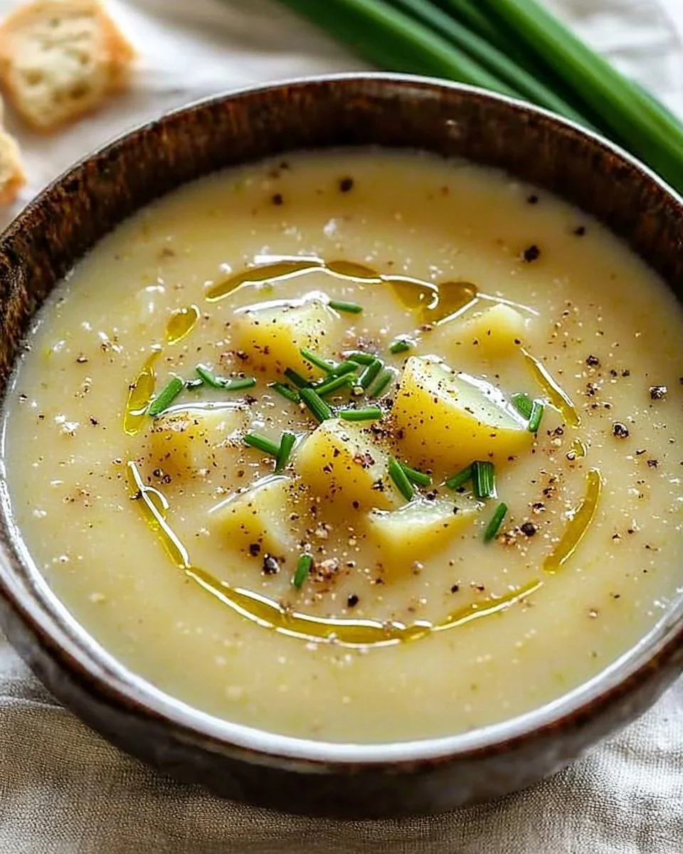 Bowl of Ina Garten's roasted potato leek soup garnished with herbs
